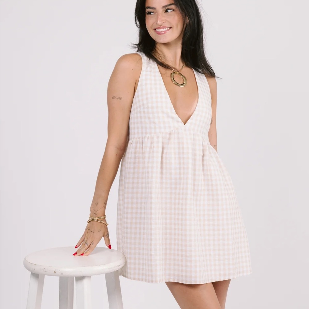 Chic Cream Checkered Mini Dress